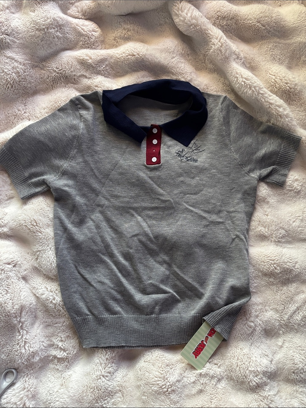 Daisy Gray Short Sleeve Polo with Navy Collar and Burgundy Placket